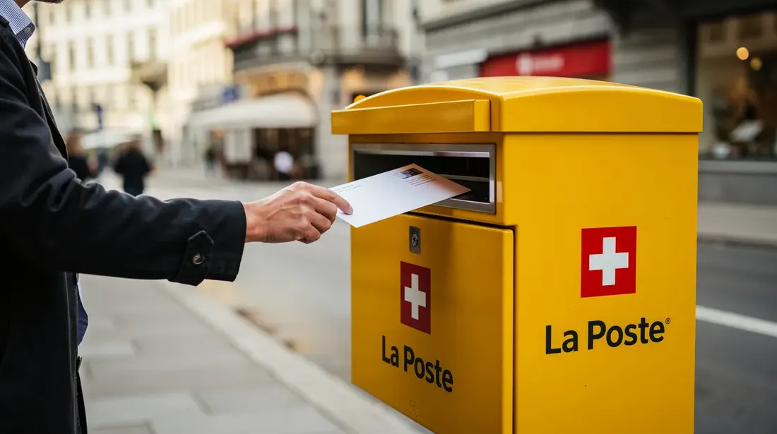 Une personne insère une lettre dans une boîte aux lettres jaune de La Poste suisse, probablement une lettre de résiliation de bail, indiquant son intention de quitter son logement. Cette action représente une étape importante dans le processus de résiliation du contrat de location.