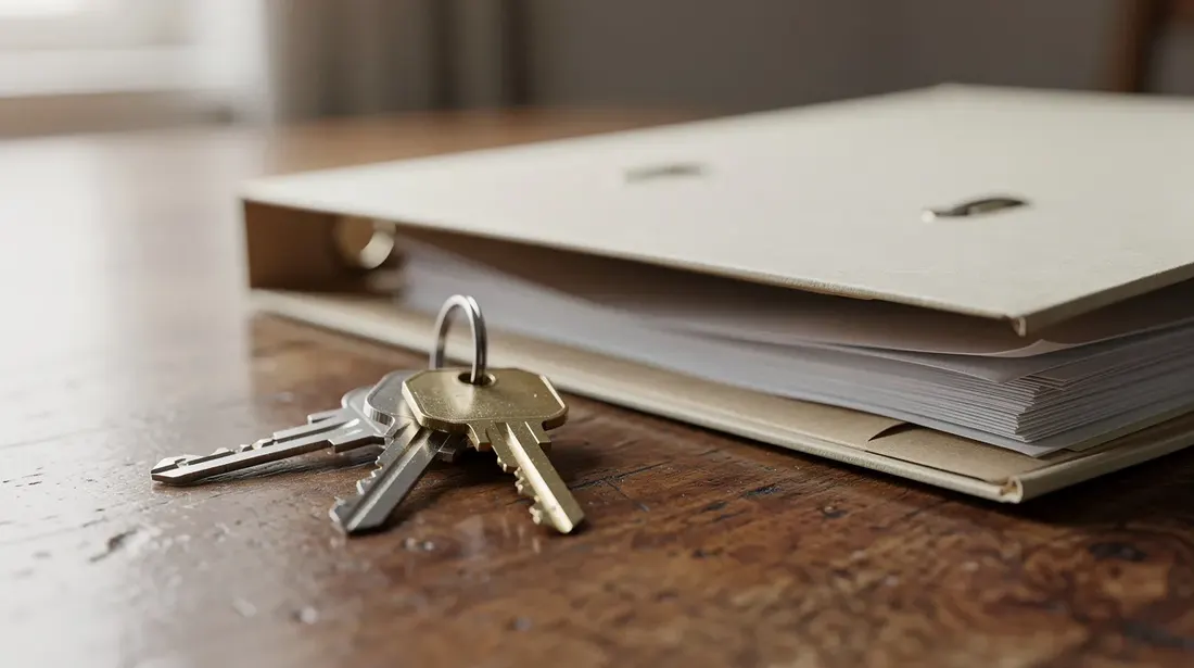 Des clés d'appartement sont posées sur une table en bois, à côté d'un dossier contenant des informations sur la résiliation du bail. Cette image évoque le processus de fin de contrat de location et les démarches administratives associées.