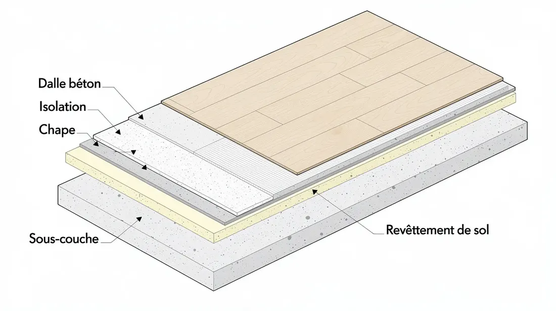 Cette image représente une coupe schématique d'un plancher d'appartement, montrant différentes couches de sol, y compris la chape, la sous-couche et le revêtement, comme le sol PVC ou le parquet. Les détails illustrent les matériaux et les systèmes utilisés pour assurer confort et durabilité dans les espaces de vie.