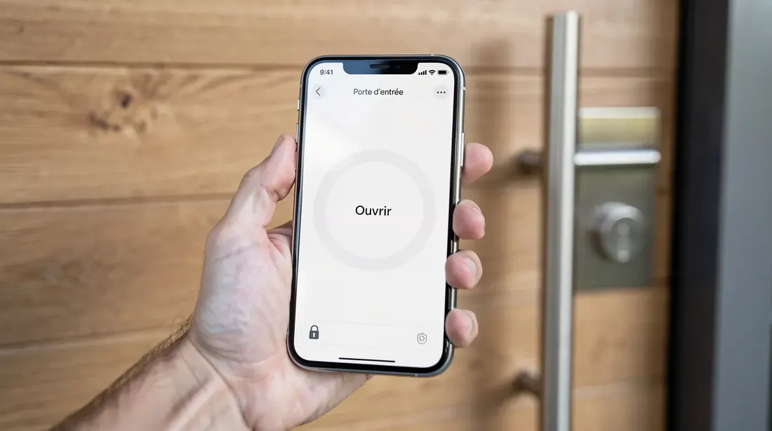 Une main tient un smartphone devant une porte d'entrée moderne en bois, équipée d'une poignée métallique, illustrant l'utilisation d'une serrure connectée pour un accès facile et sécurisé. Cette image met en avant la technologie de la maison intelligente et les solutions de sécurité modernes.