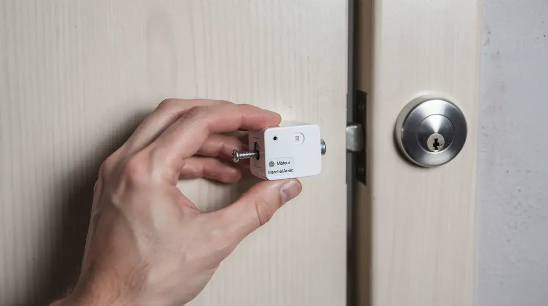 Une main est en train de fixer un petit appareil motorisé, une serrure intelligente, sur la face intérieure d'une porte, à côté du cylindre de serrure. Cet appareil fait partie d'un système de sécurité pour la maison, permettant un accès facilité grâce à une application sur smartphone.