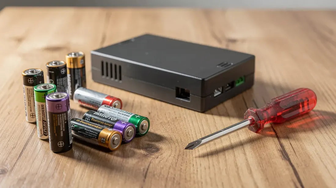 Un assortiment de piles AA et d'un petit boîtier électronique sont posés sur une table en bois, à côté d'un tournevis. Cet ensemble pourrait être utilisé pour alimenter des dispositifs de domotique, comme une serrure connectée, offrant ainsi des solutions innovantes pour la sécurité de votre maison.