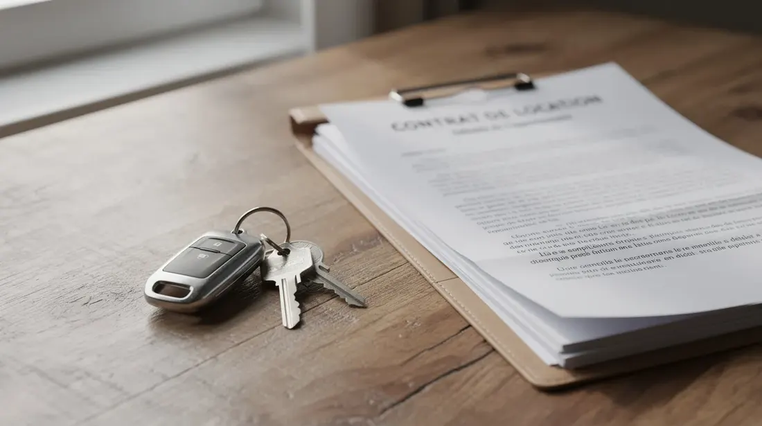 L'image montre des clés d'appartement posées sur une table en bois, accompagnées d'un dossier de documents, probablement liés à un contrat de sous-location. Ces éléments évoquent le processus de location et les conditions administratives nécessaires pour un locataire en Suisse.