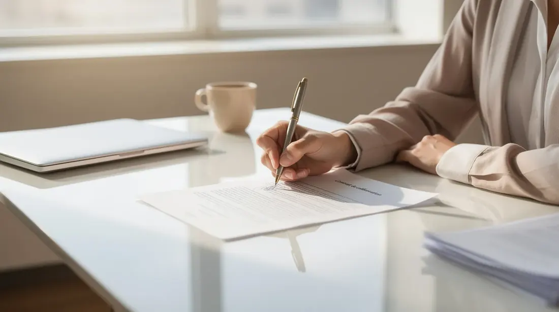 Une personne est assise à un bureau lumineux, signant un contrat de sous-location. Sur la table, on peut apercevoir des documents relatifs au logement et aux conditions de location.
