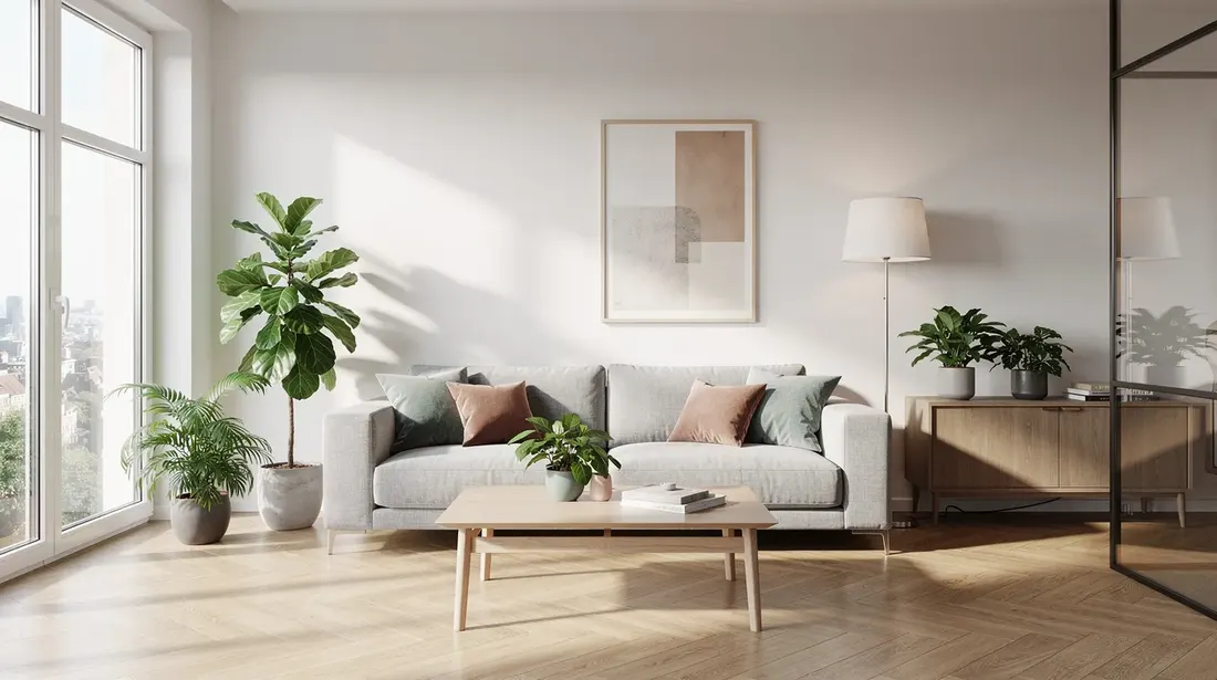 L'image montre un salon moderne et bien meublé dans un appartement, avec un canapé confortable et des plantes vertes apportant une touche de fraîcheur. Cet espace pourrait être idéal pour un sous-locataire cherchant un logement agréable en Suisse.