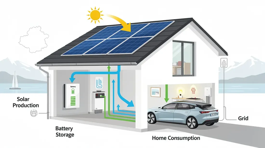 Cette illustration représente une maison résidentielle moderne en Suisse, équipée de panneaux solaires sur le toit et d'un système de batteries de stockage au garage. Des éléments graphiques montrent le flux d'énergie, avec les panneaux produisant de l'électricité, l'énergie stockée dans la batterie et son utilisation dans le logement, le tout dans un contexte localisé du canton de Neuchâtel.