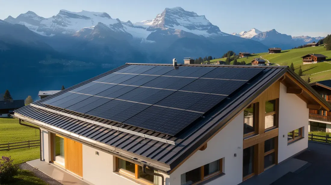 Des panneaux solaires sont installés sur le toit d'une maison suisse, offrant une vue imprenable sur les montagnes et un lac du canton de Neuchâtel. Cette installation photovoltaïque illustre l'engagement vers les énergies renouvelables et la durabilité, tout en contribuant à l'autoconsommation d'électricité.