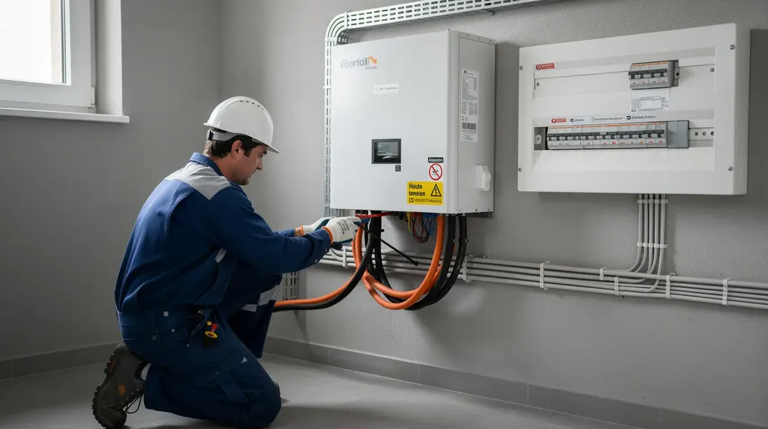 Un technicien installe une batterie de stockage dans un local technique résidentiel, contribuant à l'autoconsommation d'électricité grâce à des énergies renouvelables. Cette installation fait partie des programmes de subventions pour les batteries, visant à améliorer l'efficacité énergétique des bâtiments en Suisse.