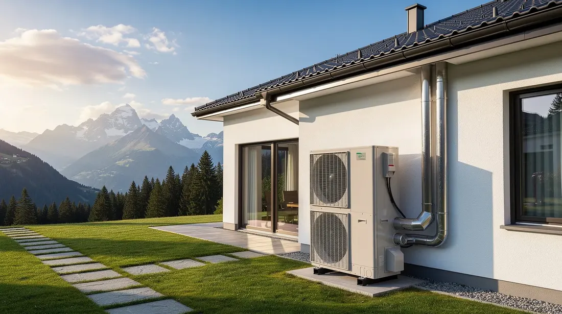 L'image montre une pompe à chaleur air-eau installée à côté d'une maison typique suisse, avec un paysage montagneux en arrière-plan. Ce système de chauffage, qui fait partie des énergies renouvelables, illustre une solution moderne et écologique pour le confort thermique des propriétaires.