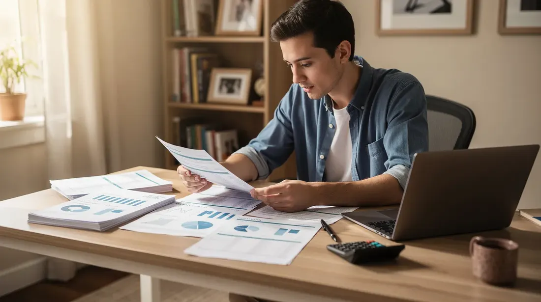 Une personne est assise à un bureau dans un environnement domestique, examinant des documents et des devis relatifs à des systèmes de chauffage, tels que des chaudières et des pompes à chaleur. Cette analyse pourrait être liée à un projet de rénovation, en tenant compte des subventions disponibles pour les énergies renouvelables.