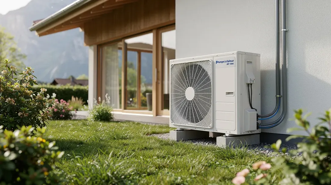 Une pompe à chaleur air-eau est installée à l'extérieur d'une maison individuelle suisse, entourée d'un jardin verdoyant. Cette installation illustre les efforts pour promouvoir l'efficacité énergétique et les énergies renouvelables dans le cadre du programme bâtiments du canton de Genève.
