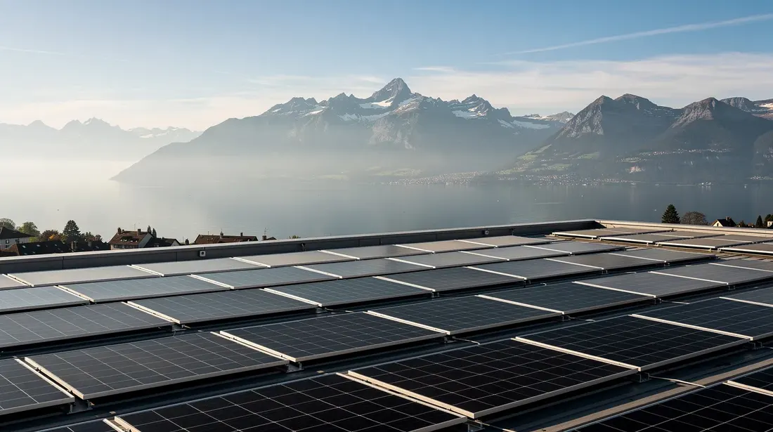 L'image montre des panneaux solaires photovoltaïques installés sur un toit plat, offrant une vue panoramique sur le lac Léman et les montagnes environnantes. Cette installation s'inscrit dans le cadre des efforts du canton de Genève pour promouvoir les énergies renouvelables et optimiser l'efficacité énergétique des bâtiments.