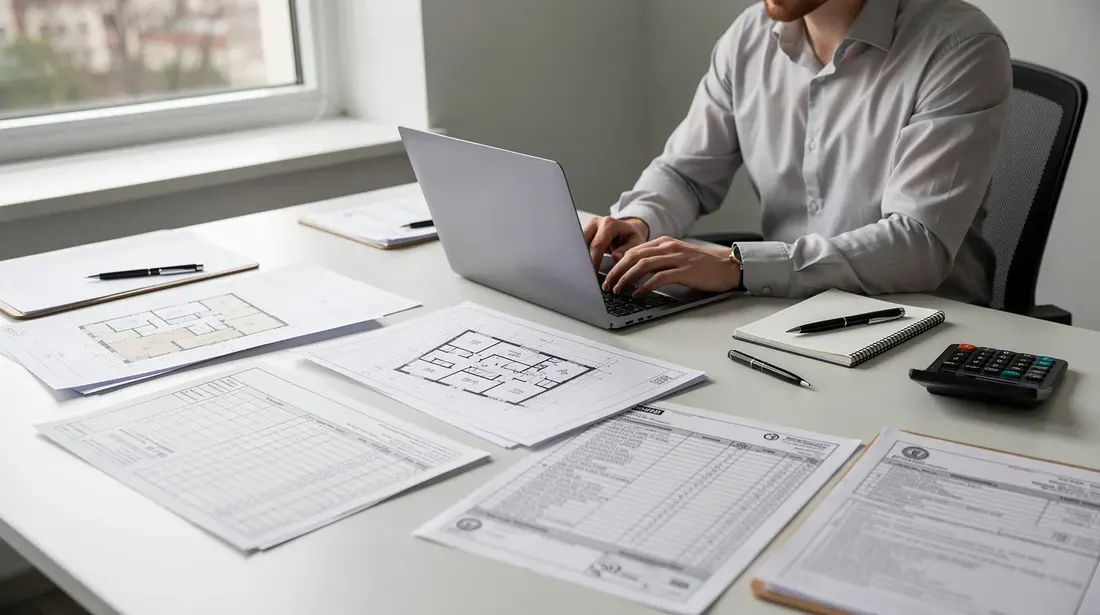Une personne est assise à un bureau, travaillant sur un ordinateur portable, entourée de documents administratifs et de plans de bâtiment. Cette scène évoque les démarches liées aux programmes de subvention pour la rénovation énergétique dans le canton de Genève, notamment pour l'installation de pompes à chaleur et l'amélioration de l'efficacité énergétique des bâtiments.