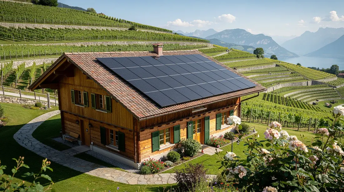 Cette image montre une maison suisse traditionnelle dotée de panneaux solaires sur le toit, surplombant un magnifique paysage de vignobles vaudois. Elle illustre l'intégration des énergies renouvelables dans le domaine du logement, soutenue par des programmes de subvention pour promouvoir l'efficacité énergétique.