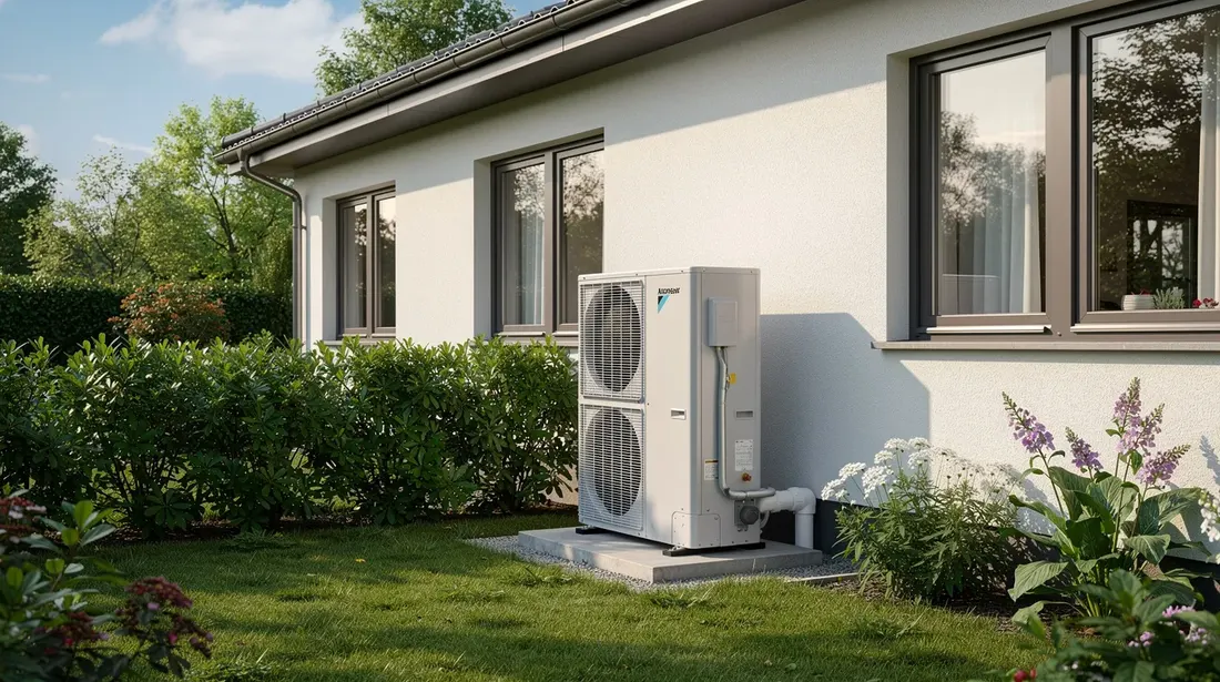 L'image montre une pompe à chaleur air-eau installée à côté d'une maison résidentielle, entourée d'un jardin verdoyant. Cette installation s'inscrit dans une démarche d'énergies renouvelables, favorisant l'efficience énergétique et le soutien à l'amélioration des logements en Suisse.