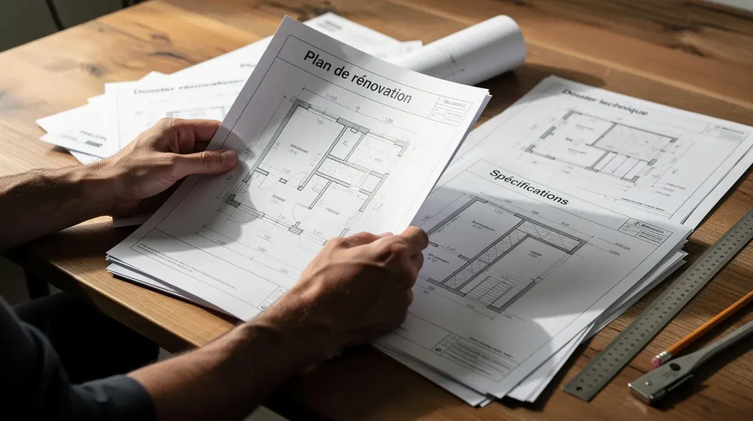 Des mains feuilletent des documents techniques et des plans de rénovation sur un bureau en bois, illustrant un projet d'amélioration énergétique dans le cadre du programme bâtiments et des subventions pour les énergies renouvelables en Suisse. Ces documents peuvent inclure des informations sur les aides financières, les installations comme les pompes à chaleur, et les démarches à suivre pour la demande de subvention.
