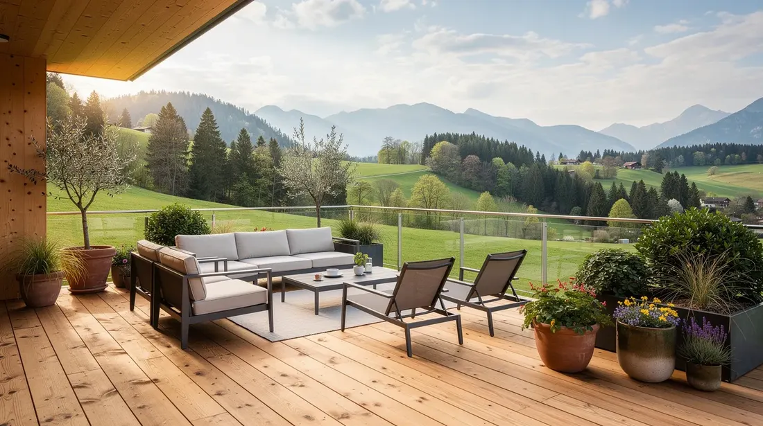 Une terrasse en bois de mélèze, ornée de mobilier de jardin et de plantes en pots, offre une vue apaisante sur un paysage verdoyant suisse. Cet espace extérieur, idéal pour le bien-être, combine confort et esthétique naturelle.