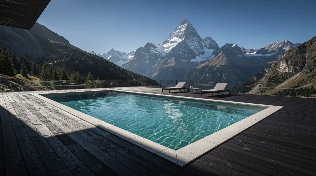 Une terrasse en bois exotique sombre entoure une piscine rectangulaire, offrant un espace de bien-être au cœur d'un environnement alpin, avec des montagnes majestueuses en arrière-plan. Les lames de terrasse apportent une touche chaleureuse et esthétique à cet espace extérieur.
