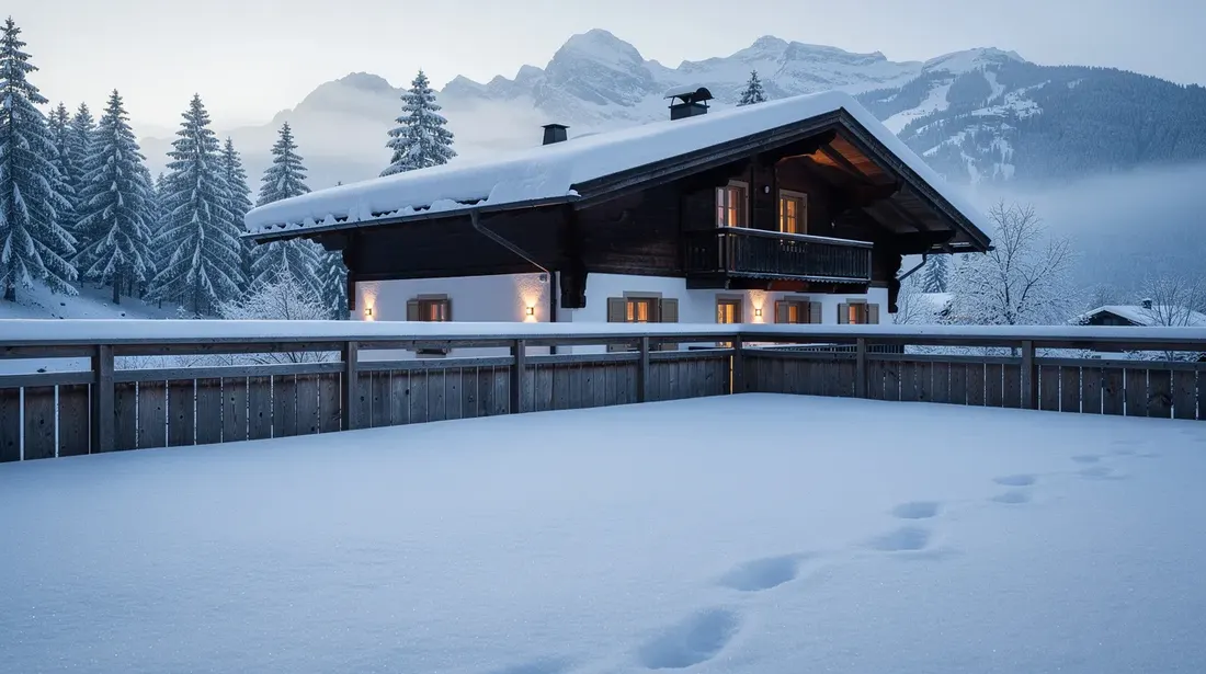 Une terrasse en bois est recouverte d'une fine couche de neige fraîche, créant un contraste apaisant avec le chalet suisse traditionnel qui se dresse en arrière-plan. Cette scène évoque une atmosphère de bien-être et de tranquillité en pleine nature.