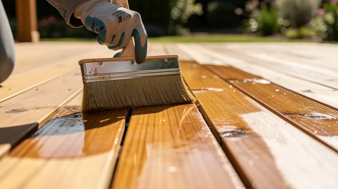 Une personne applique un saturateur sur des lames de terrasse en bois à l'aide d'un pinceau large, profitant d'une belle journée ensoleillée. L'image montre le soin apporté à la mise en œuvre de la finition, soulignant l'importance de l'entretien pour la durabilité de la terrasse.