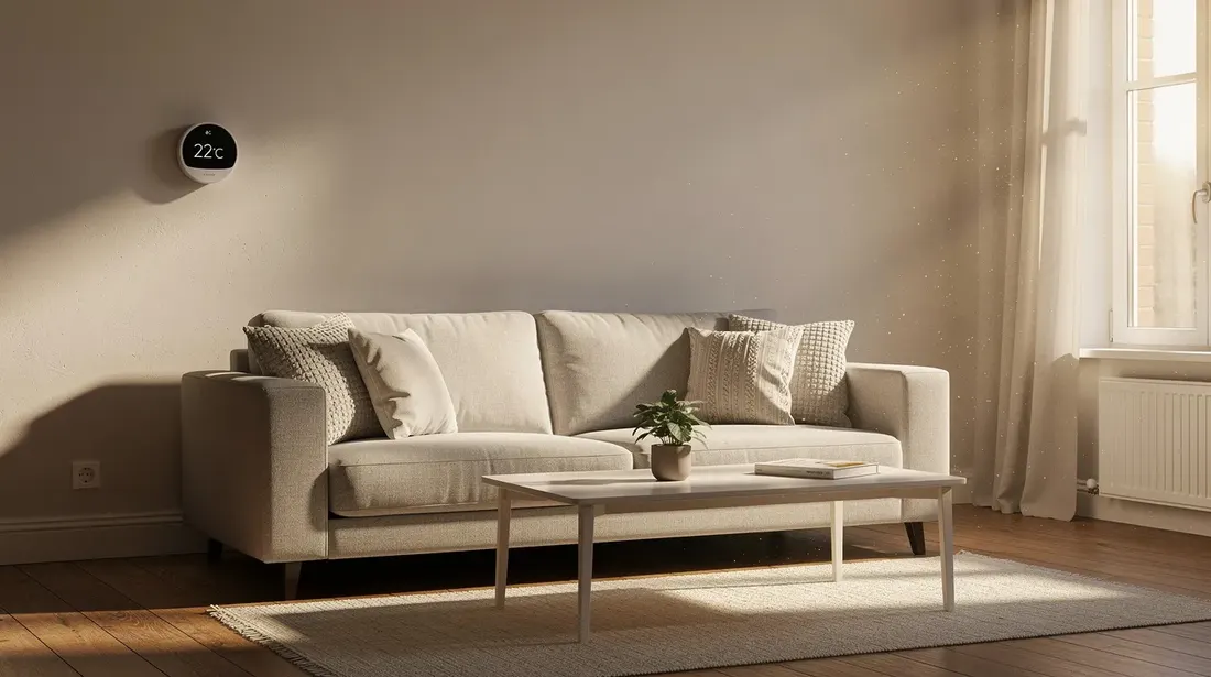 Un salon confortable avec un thermostat moderne fixé au mur, permettant de contrôler la température ambiante. La lumière naturelle entre par la fenêtre, créant une atmosphère chaleureuse et accueillante.
