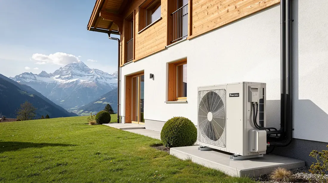 Une pompe à chaleur est installée à l'extérieur d'une maison suisse, avec des montagnes majestueuses en arrière-plan. Ce système de chauffage moderne, qui peut être contrôlé via une application sur smartphone, offre un confort thermique optimal tout en économisant de l'énergie.