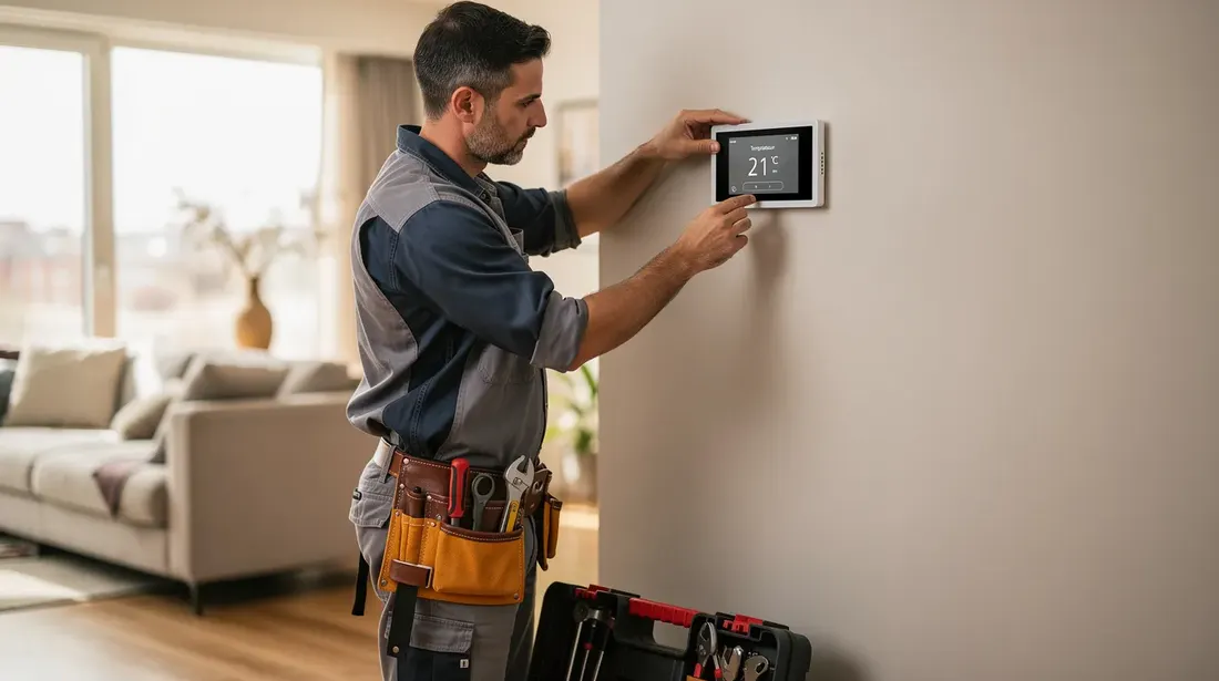 Un technicien installe un thermostat mural dans un appartement moderne, utilisant des outils pour assurer un montage précis. Ce dispositif, essentiel pour le contrôle de la température et l'optimisation du système de chauffage, promet un confort accru et des économies d'énergie.