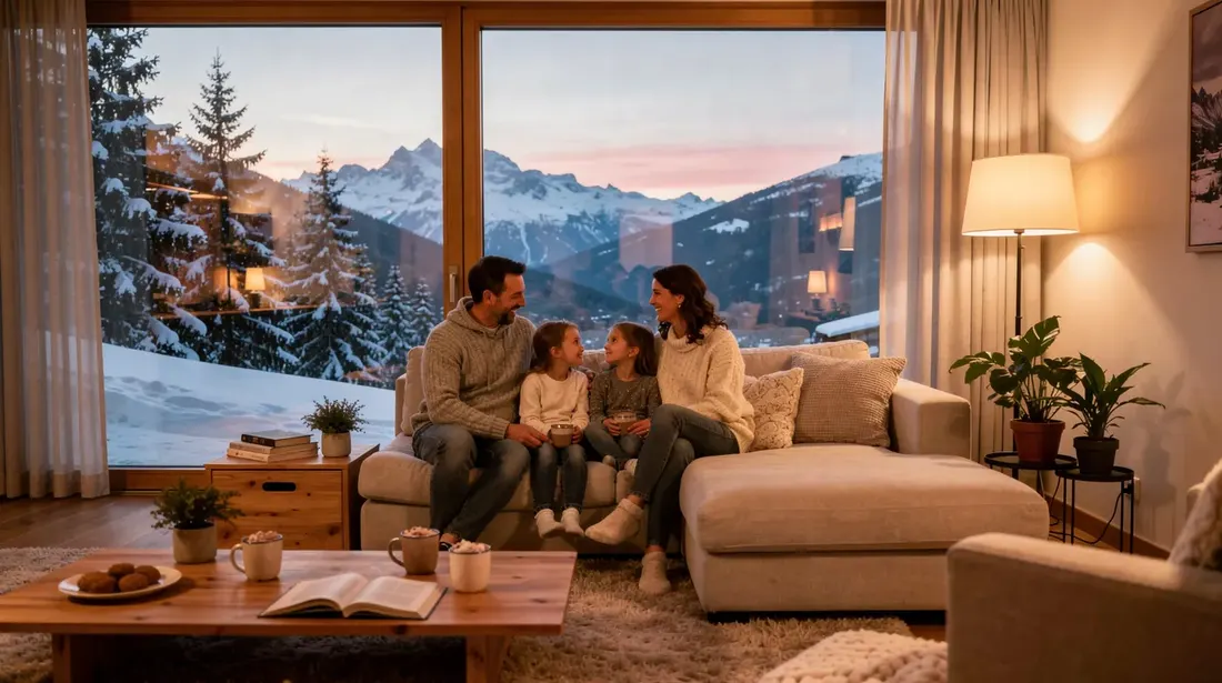 Une famille chaleureuse est réunie dans un séjour, profitant de la lumière naturelle qui entre par une grande fenêtre donnant sur un paysage suisse enneigé. L'ambiance conviviale est accentuée par un système de chauffage efficace, assurant un confort optimal malgré le froid extérieur.