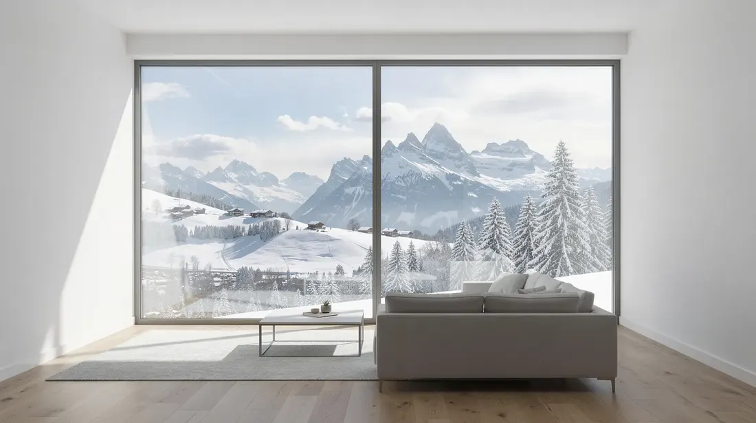 Une grande fenêtre moderne avec triple vitrage illumine un salon, offrant une vue sur un paysage hivernal suisse enneigé. Cette structure assure une excellente isolation thermique et acoustique tout en protégeant l'intérieur des déperditions de chaleur.
