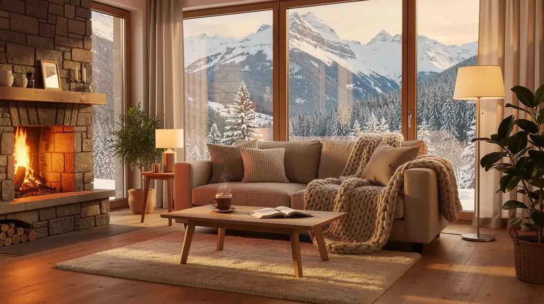 L'image montre un intérieur chaleureux et confortable, avec de grandes fenêtres en triple vitrage offrant une vue imprenable sur un paysage montagneux enneigé en Suisse. La lumière naturelle illumine la pièce, accentuant le confort et la sérénité de cet espace de vie.
