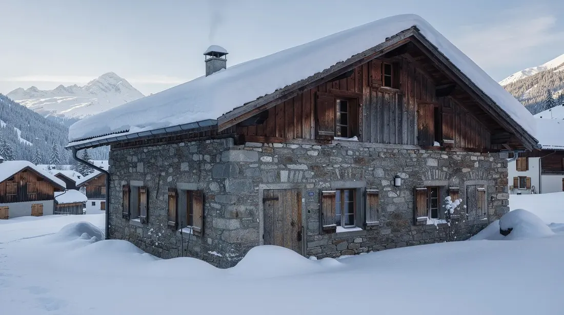 Cette image montre une ancienne maison suisse traditionnelle, construite en pierre avec des volets en bois, entourée d'un paysage enneigé. Les murs épais de la maison offrent une excellente isolation thermique, tandis que les fenêtres en double ou triple vitrage permettent de profiter de la lumière tout en préservant la chaleur intérieure.