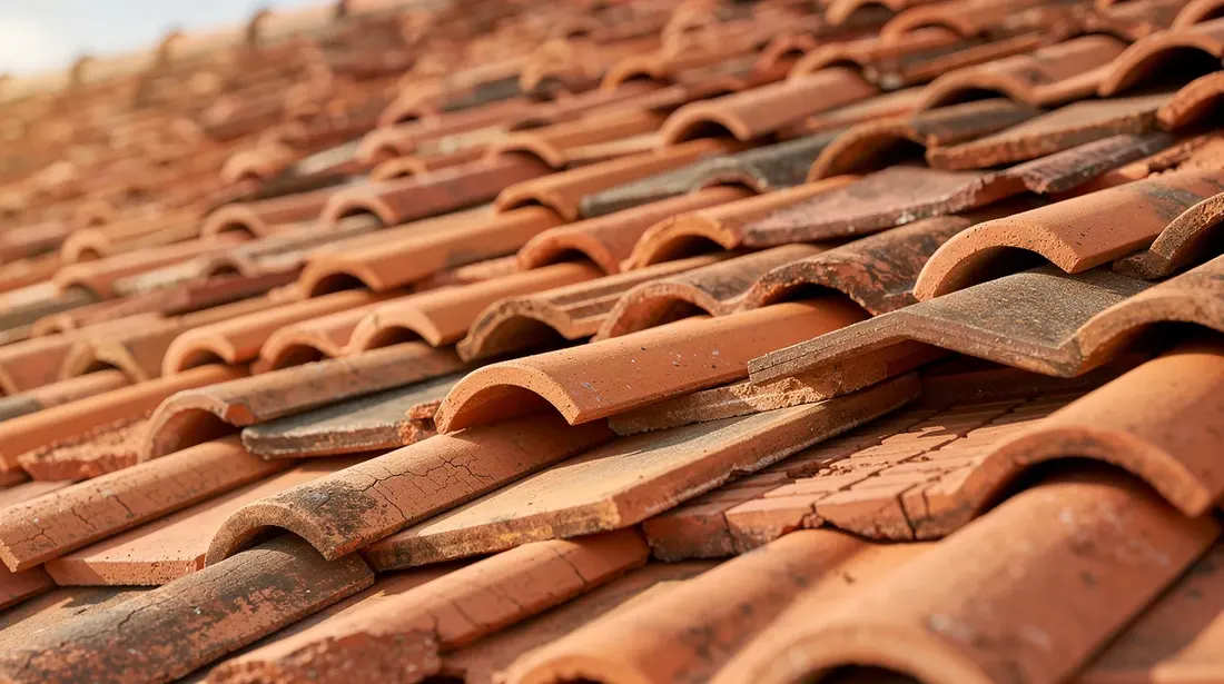 Gros plan sur un toit en pente raide, mettant en valeur différentes formes de tuiles en terre cuite. Ces tuiles, qui illustrent la tradition de la construction, sont conçues pour résister aux intempéries tout en ajoutant une touche esthétique à l'architecture de la maison.