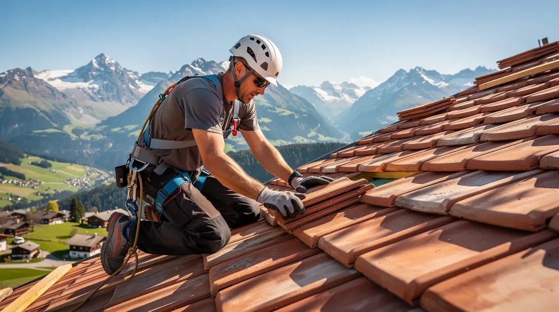 Un couvreur en harnais est en train de poser des tuiles en terre cuite sur un toit pentu, tandis qu'en arrière-plan se déploie un magnifique paysage de montagnes suisses. La scène illustre la mise en œuvre de la toiture en utilisant des matériaux traditionnels, offrant à la fois protection et esthétique.