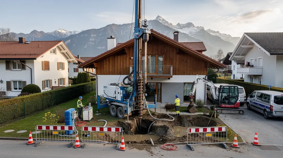 L'image montre un chantier de forage géothermique dans un terrain résidentiel en Suisse, avec une foreuse en action qui pénètre le sol pour installer une pompe à chaleur géothermique. Ce projet vise à exploiter l'énergie renouvelable pour le chauffage et la production d'eau chaude sanitaire dans les habitations.
