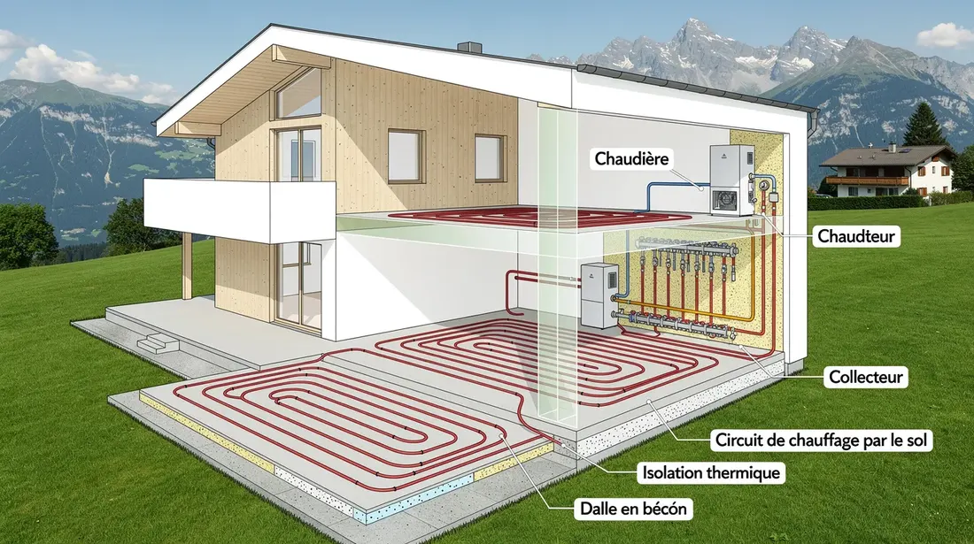 L'image montre une maison moderne en Suisse, avec une coupe schématique mettant en évidence un système de chauffage par le sol. On peut y voir les différents types de pompes à chaleur, illustrant le principe de circulation de chaleur entre l'air et l'eau pour le confort intérieur.