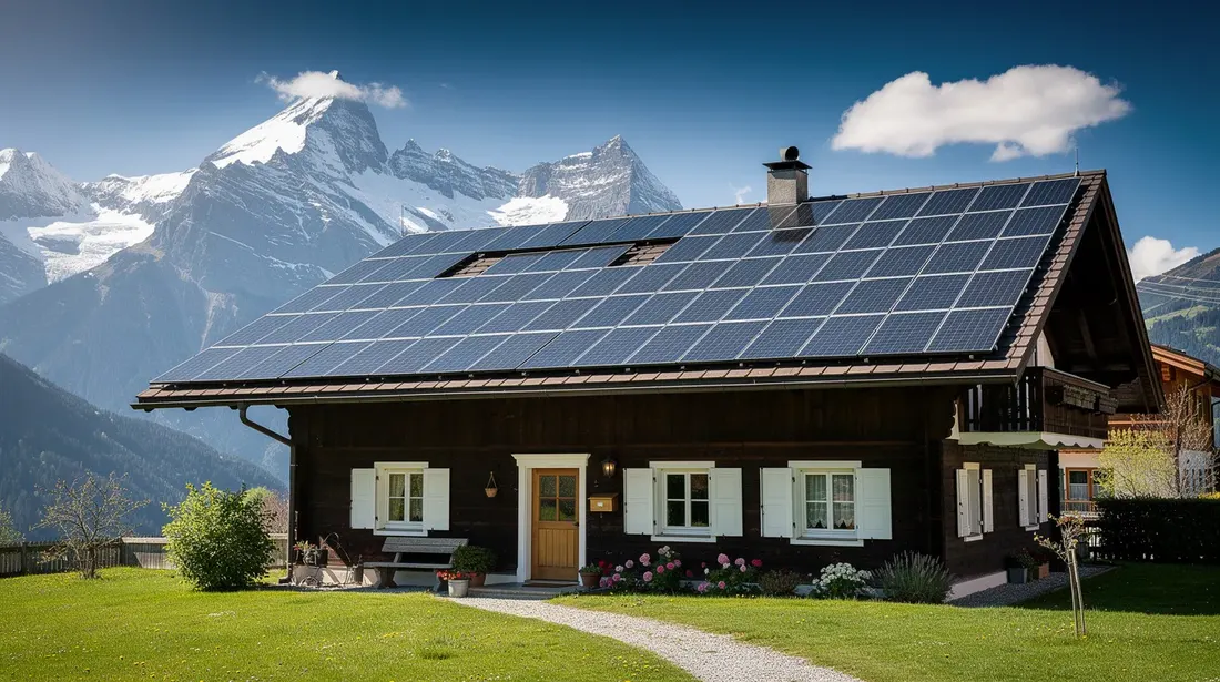 Une maison suisse avec des panneaux solaires sur son toit est mise en valeur, tandis que les majestueuses Alpes se dressent en arrière-plan.