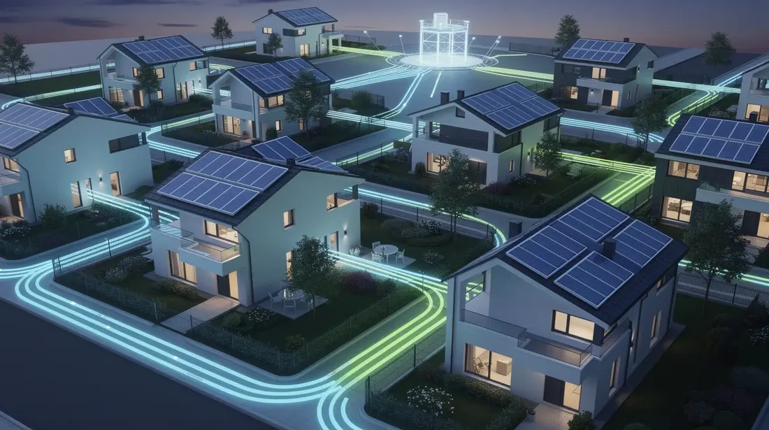 L'image représente un réseau de maisons connectées, équipées de panneaux solaires, avec des câbles lumineux symbolisant la connexion numérique.