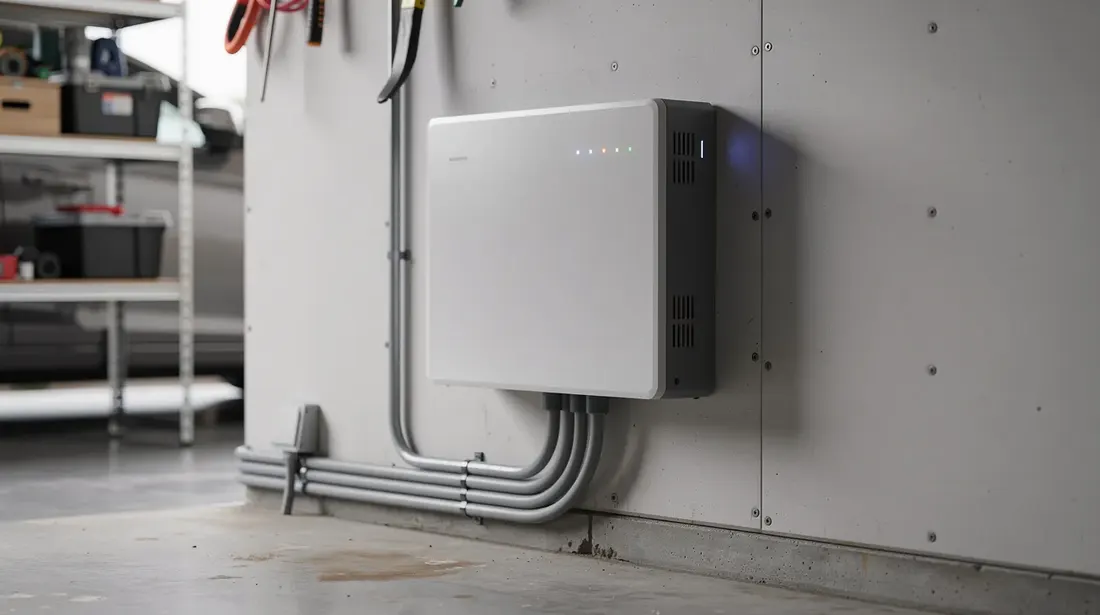 L'image montre un système de stockage par batterie domestique installé dans un garage résidentiel, mettant en avant la technologie moderne et la préparation pour une utilisation énergétique efficace.