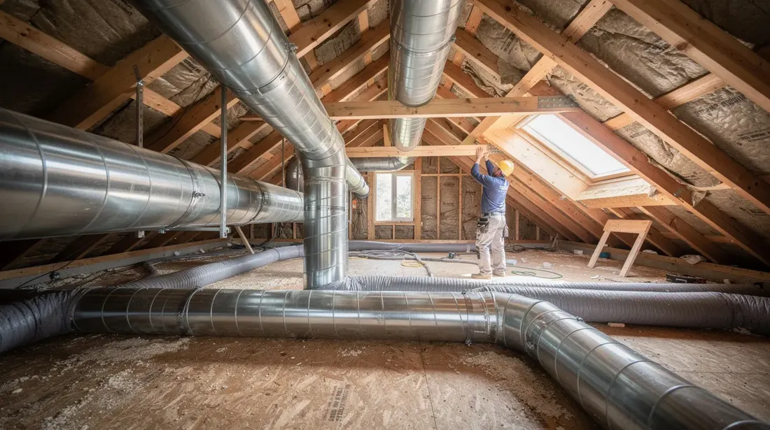 L'image montre des gaines de ventilation en cours d'installation dans les combles d'une maison en construction, illustrant le processus d'intégration d'un système de ventilation mécanique contrôlée (VMC) pour assurer la qualité de l'air intérieur. Ces gaines sont essentielles pour le bon fonctionnement d'une VMC double flux, permettant un échange de chaleur efficace et un confort thermique optimal dans le logement.