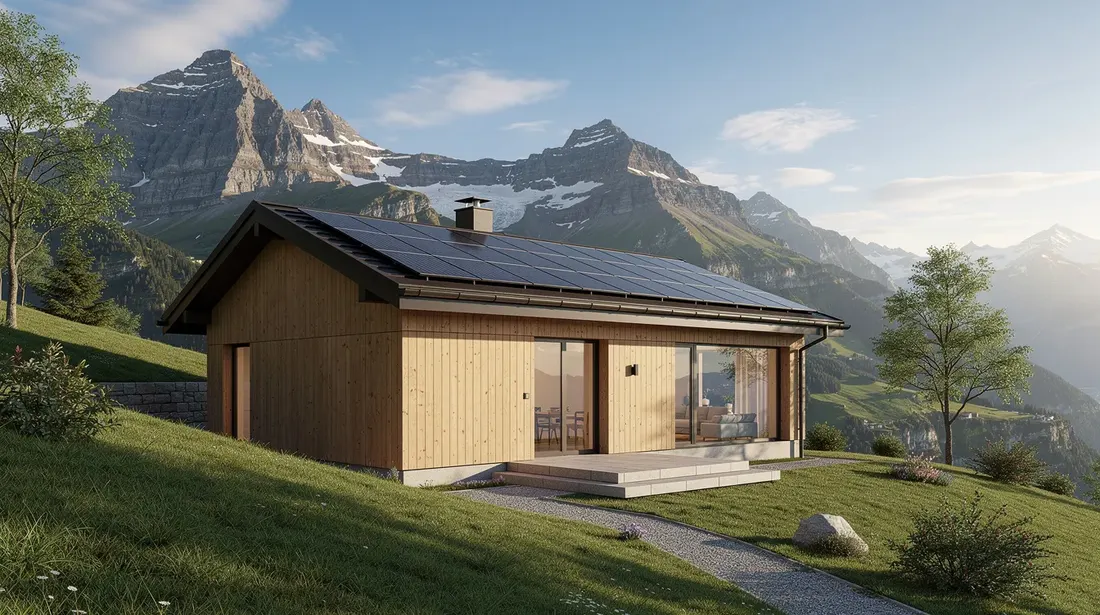 Cette image montre une maison contemporaine suisse avec une façade en bois et des panneaux solaires, située au milieu de montagnes majestueuses. L'architecture moderne suggère un système de ventilation mécanique contrôlée, contribuant à la qualité de l'air intérieur et au confort thermique du logement.