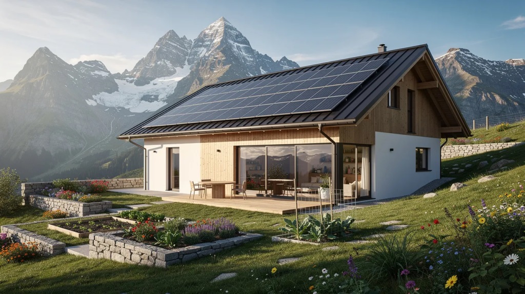 Une maison suisse moderne, équipée de panneaux solaires, se dresse au milieu des montagnes, entourée d'un jardin verdoyant. Ce bâtiment exemplaire illustre l'efficacité énergétique et l'utilisation des énergies renouvelables, contribuant ainsi à la réduction des émissions de CO2.