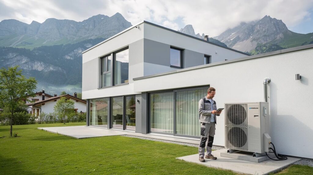 Une maison moderne en Suisse est équipée d'une pompe à chaleur installée à l'extérieur, tandis qu'un professionnel vérifie son fonctionnement. En arrière-plan, les montagnes créent un paysage pittoresque, soulignant l'efficacité énergétique et le confort offerts par ce système de chauffage.