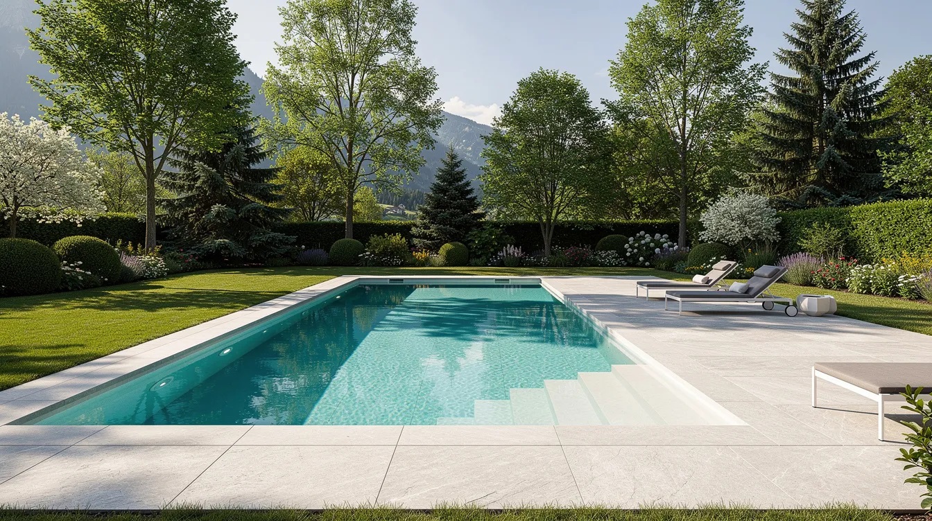 Une piscine moderne est installée dans un jardin suisse, entourée d'arbres verdoyants, avec une terrasse en pierre qui offre un espace de détente. Cet aménagement paysager met en valeur la beauté du canton de Vaud, tout en respectant les règles de construction et de sécurité pour l'installation d'une piscine.
