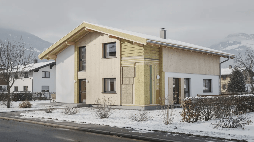 Cette image montre une maison individuelle suisse avec une isolation visible sur le toit et les murs, entourée d'un jardin enneigé en hiver. Elle illustre l'importance de l'efficacité énergétique et pourrait être liée à des conseils sur le choix d'une pompe à chaleur pour un chauffage central optimal.