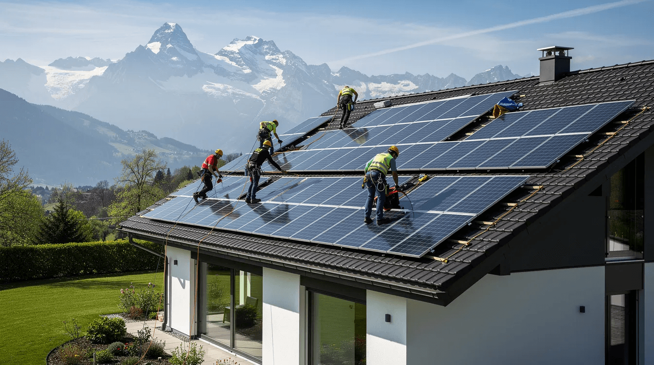 L'image montre des ouvriers professionnels en train d'installer des panneaux solaires sur le toit d'une villa en Suisse. Cette installation photovoltaïque vise à capter l'énergie solaire pour produire de l'électricité, améliorant ainsi l'efficacité énergétique du bâtiment.