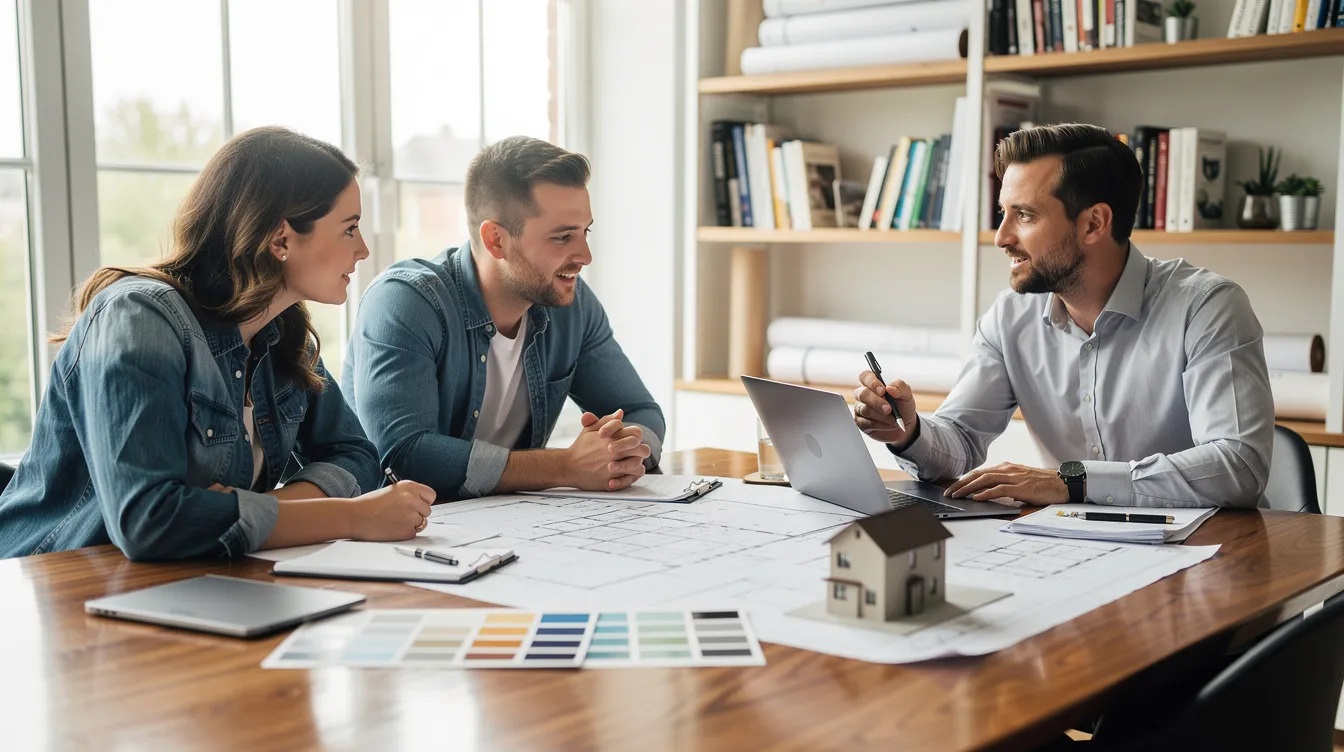 Des propriétaires consultent des plans de maison avec un architecte autour d'une table, discutant des détails de leur projet de construction. Cette réunion est essentielle pour préparer la demande de permis de construire et s'assurer que toutes les étapes respectent les règlements de la commune.